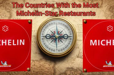 "The Countries With the Most Michelin-Star Restaurants" with a compass and Michelin plaques over an old world map.