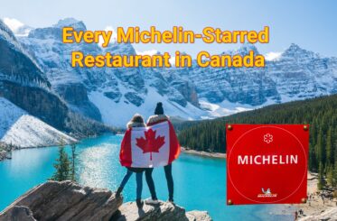 Canadian-flag-wrapped couple in front of mountains with Michelin plaque and "Every Michelin-Starred Restaurant in Canada