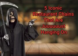 "5 Iconic Restaurant Chains That Are Juuuuuust Hanging On" with a grim reaper and a restaurant table.