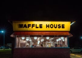 Waffle House lit up at night