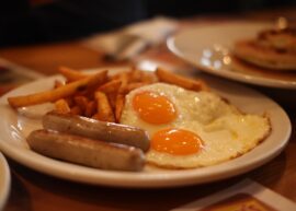 Denny's sausage, egg, and fries platter