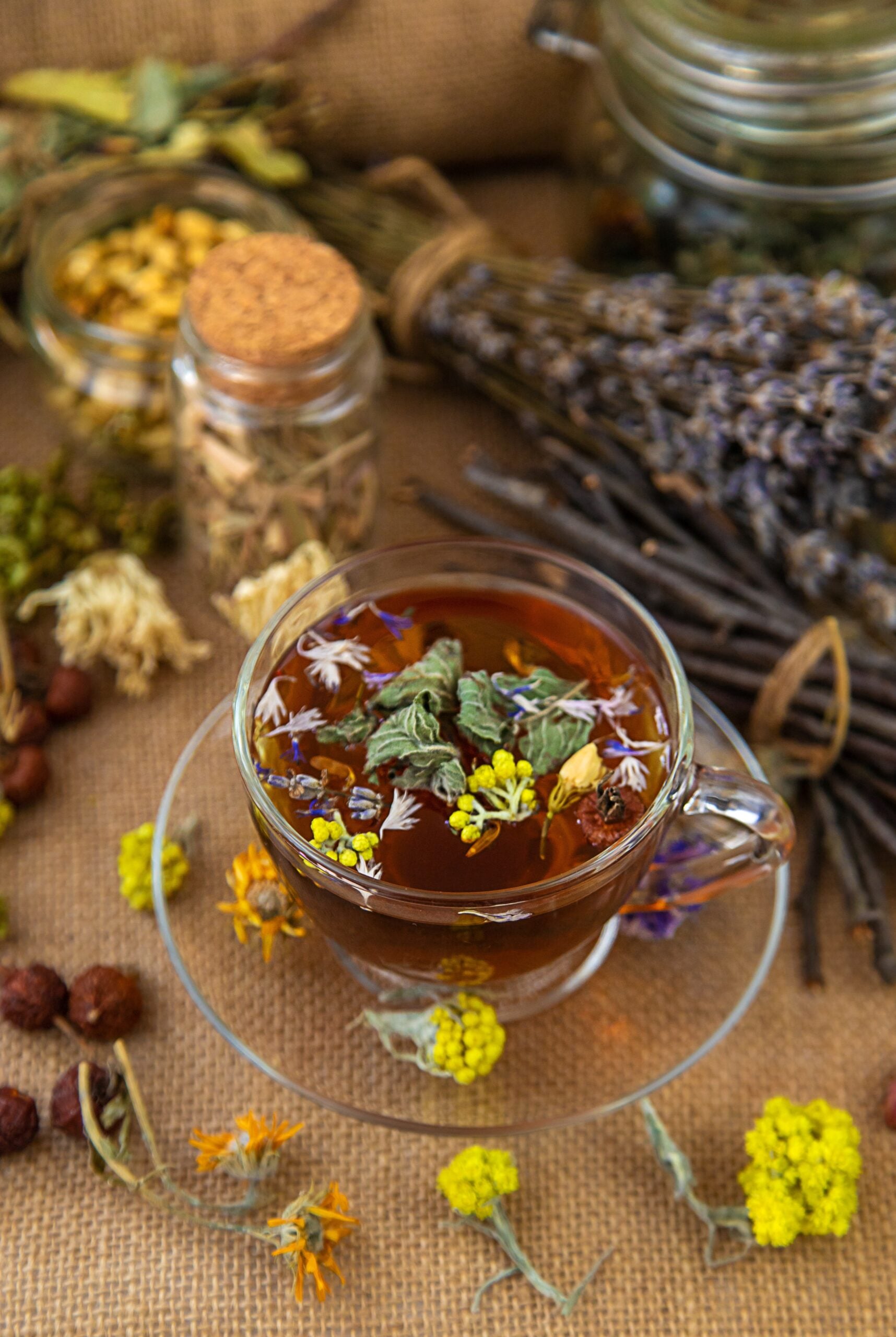 Overhead view of a cup of herbal tea with medicinal herbs and flowers.