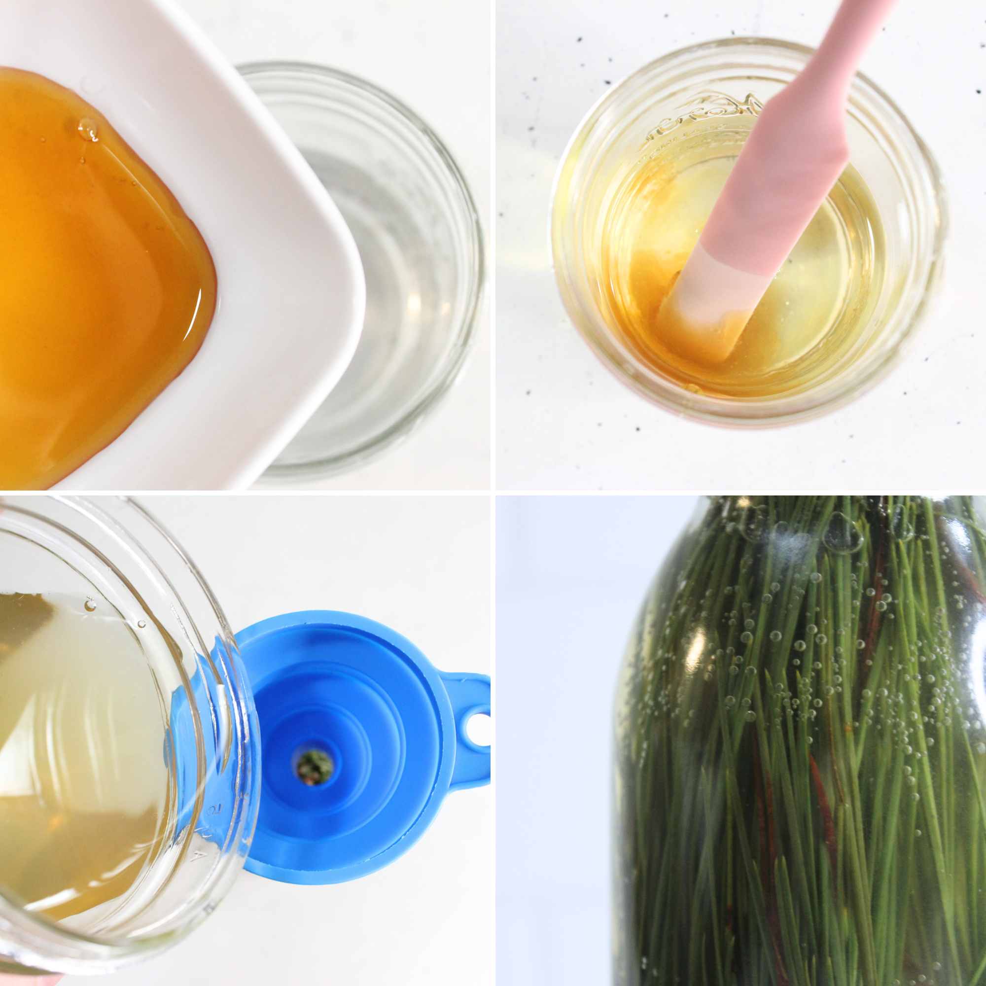 A glass jar filled with water and honey, and pine needles. 