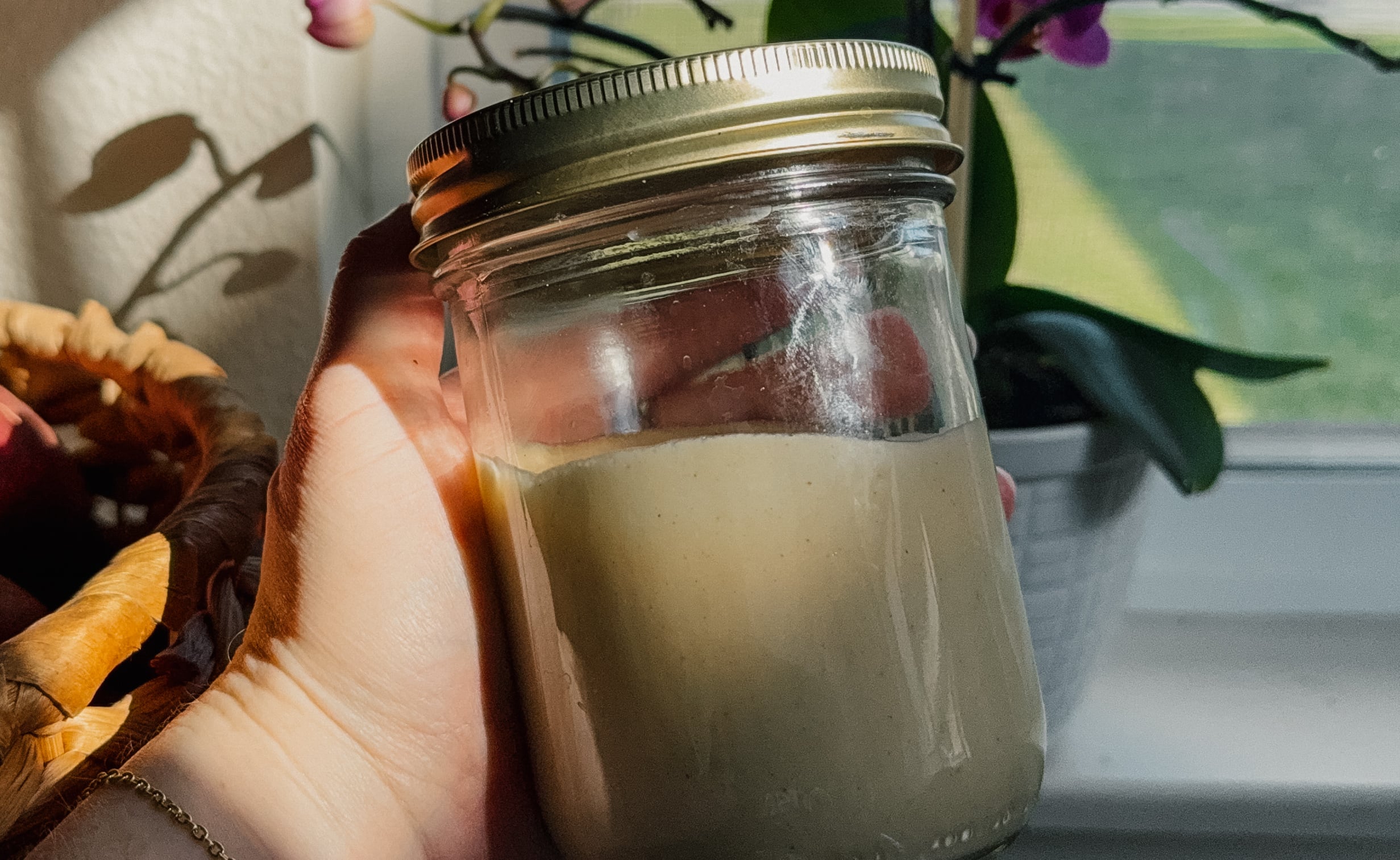 A hand holding a jar of peanut butter in front of a potted plant.