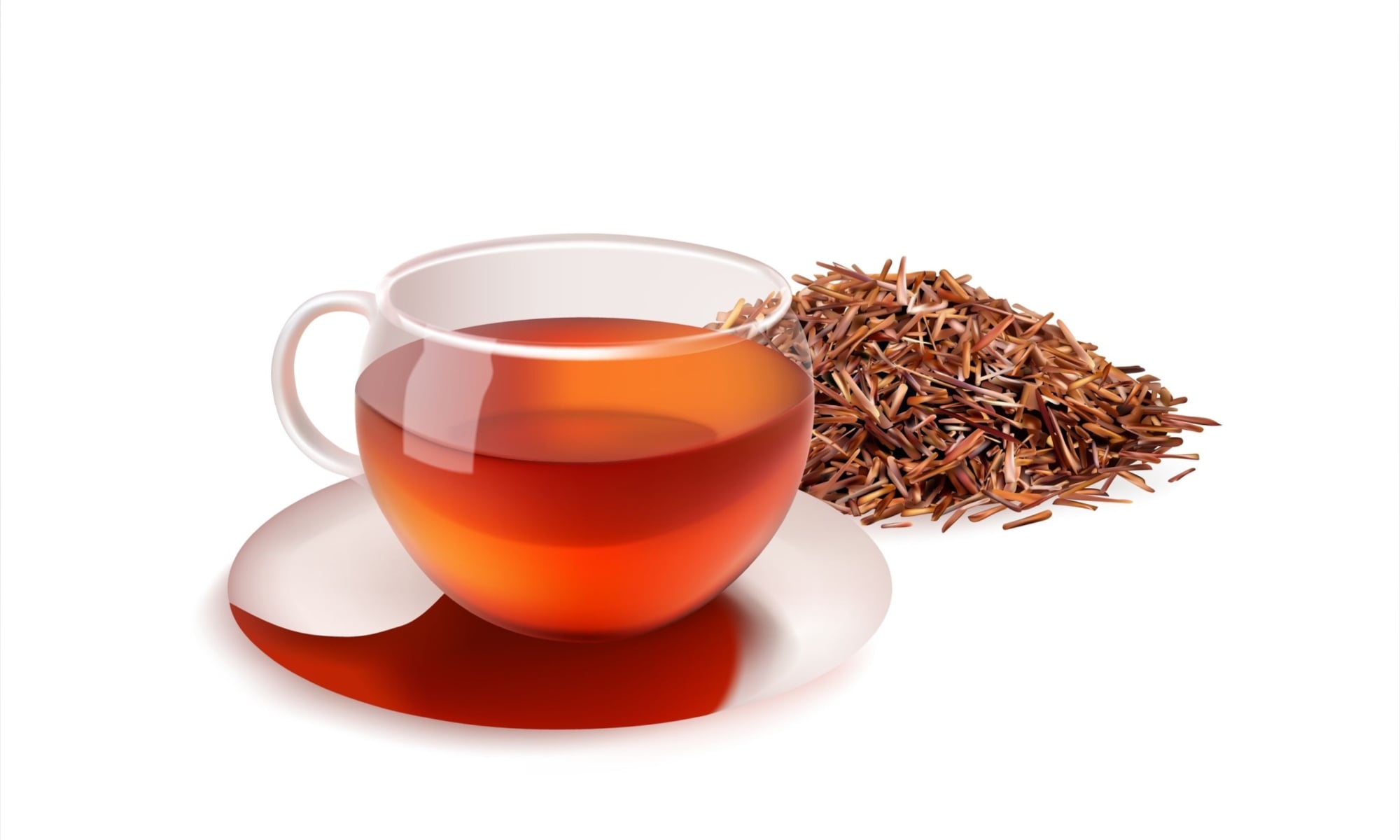 Rooibos tea and dried rooibos leaves on a plain white background. 