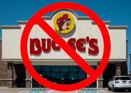Buc-ee's sign with a big "cancel" symbol over it