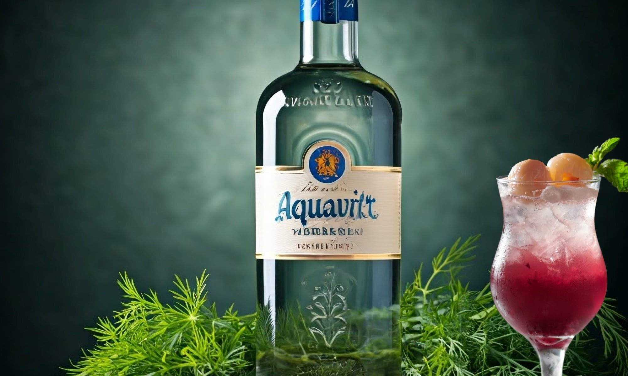 A glass of Viking Blood cocktail and a bottle of Aquavit on a green background. 