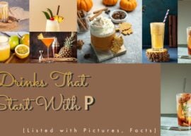 A P-starting drink picture collage. The text reads, "Drinks that start with P (Listed with pictures, facts)."