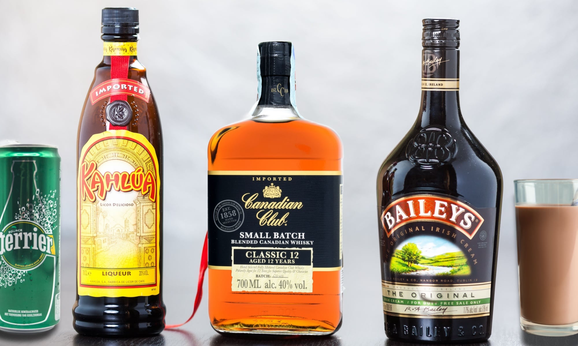 Every necessary components for preparing a Quagmyre cocktail. 