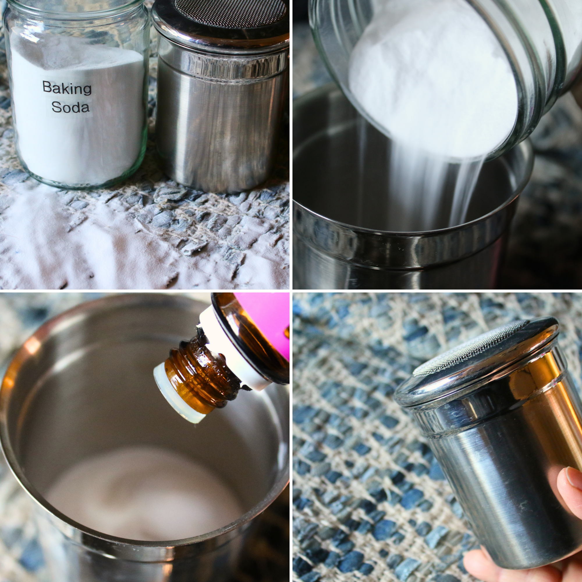 A metal shaker bottle filled with homemade carpet deodorizer. 