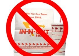 In-N-Out bag and drink with a "no" sign over them.