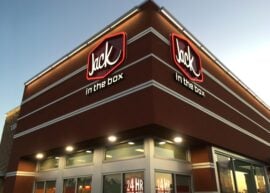 Jack in the Box restaurant at sunset with lights on