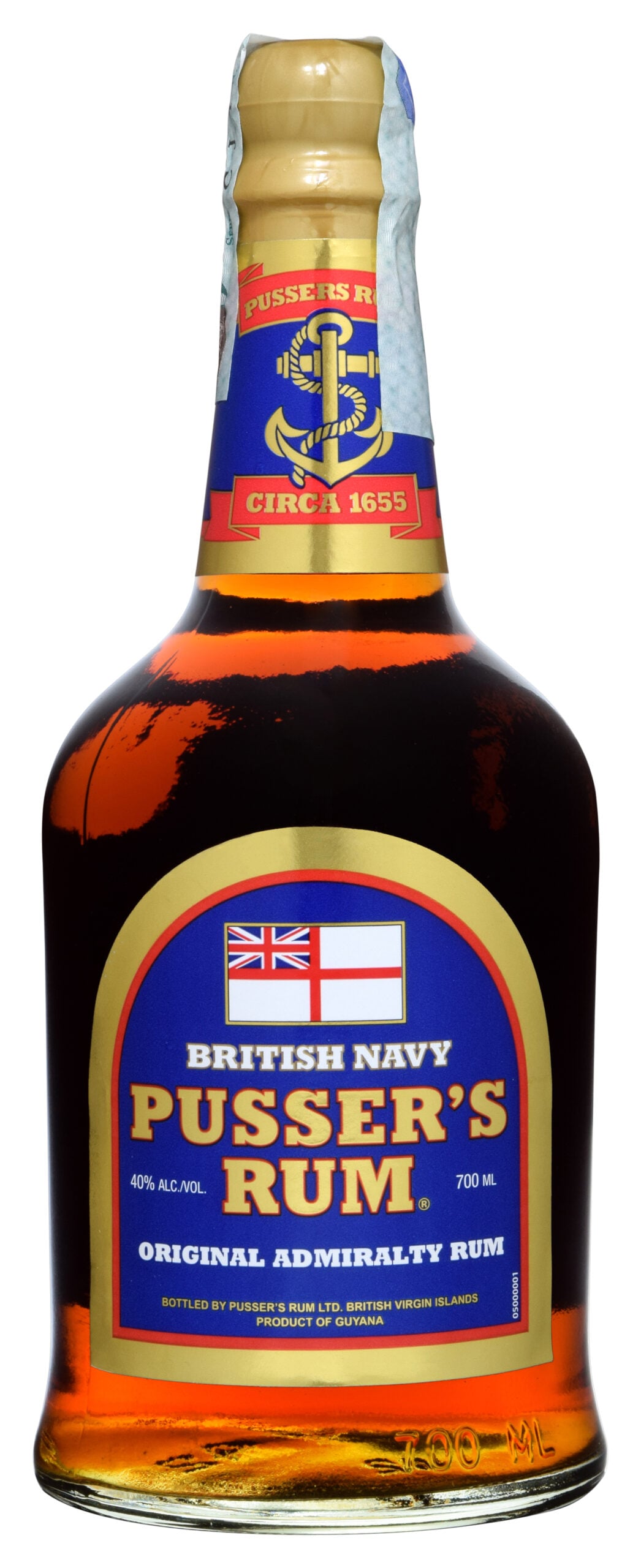 A bottle of Pusser's Rum, a component of traditional Pusser’s Painkiller drink. 