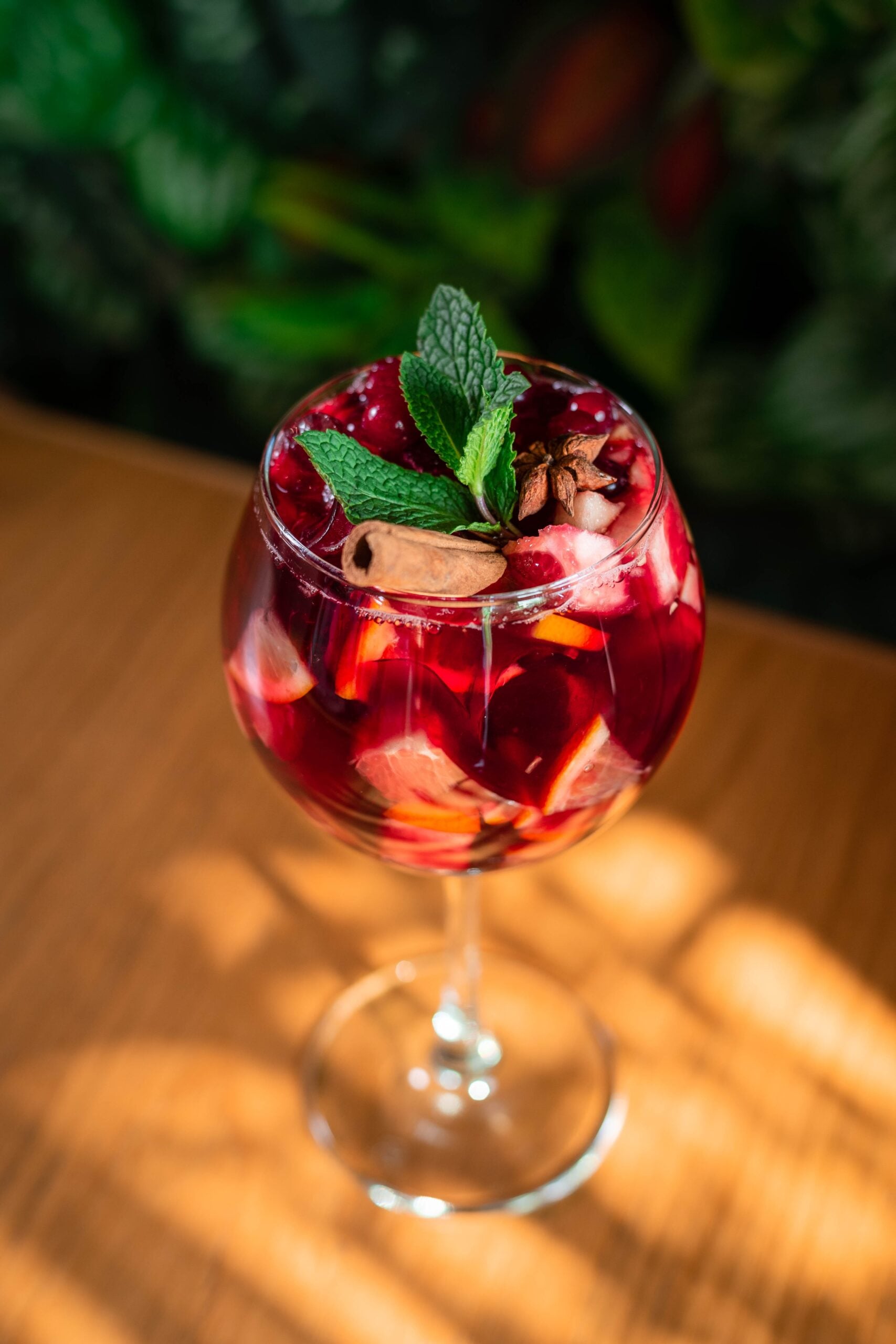 Top view of a glass of delicious non-alcoholic sangria. 