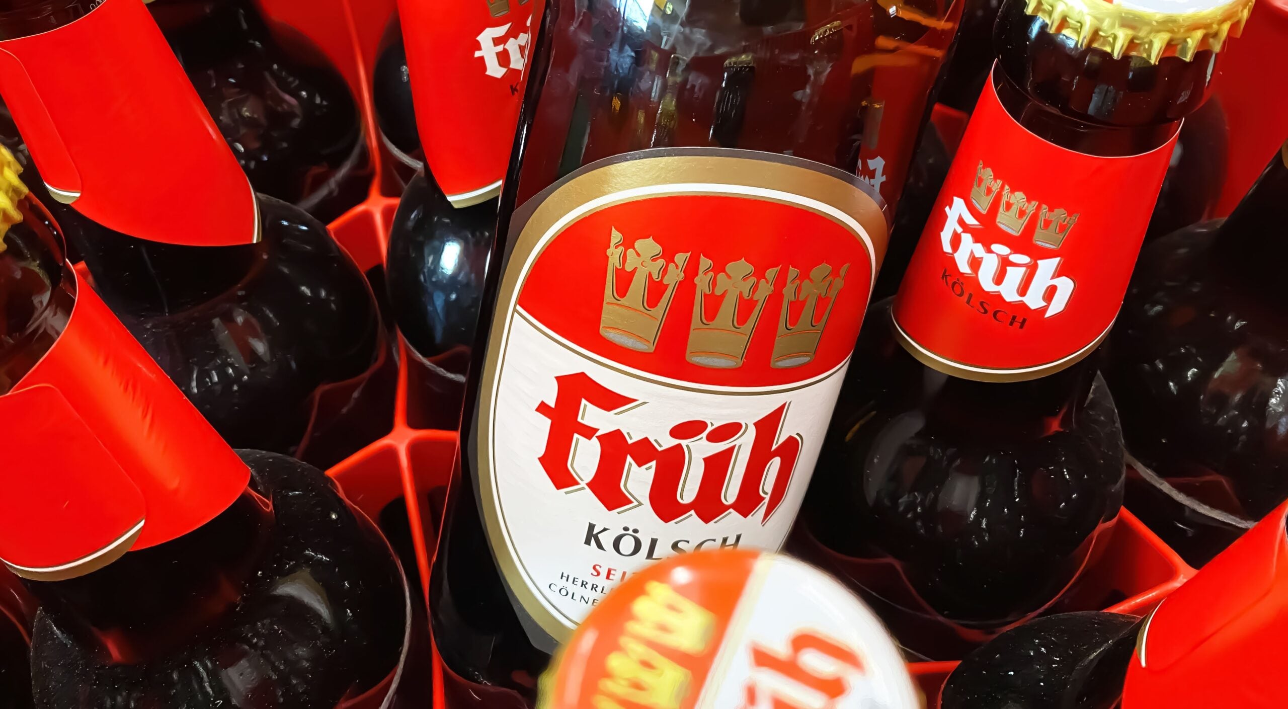 Top view of Kölsch beer bottles.