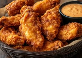 Fried chicken tenders with sauce next to them in a ramekin