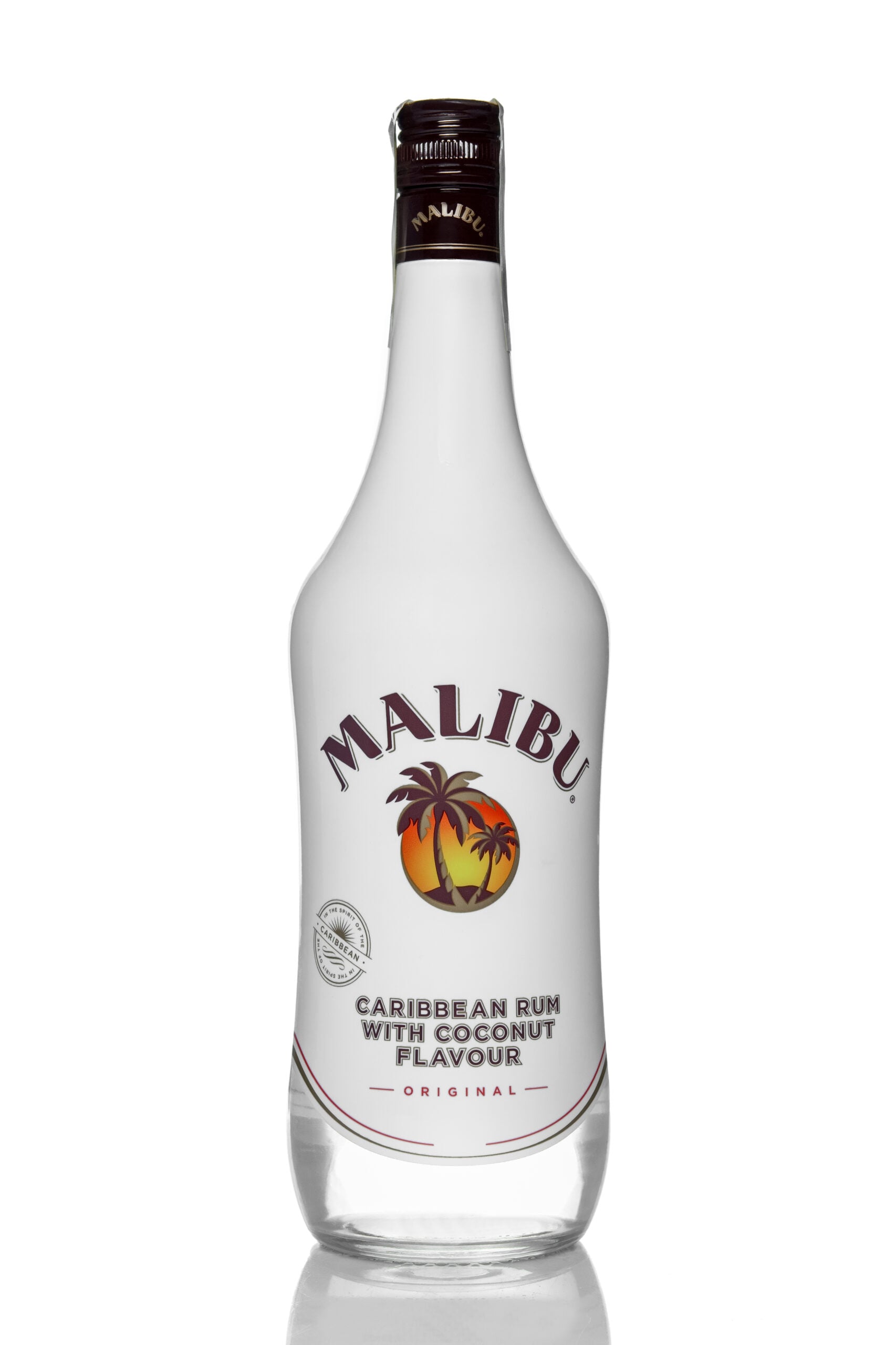 An isolated bottle of Malibu rum on a white background.