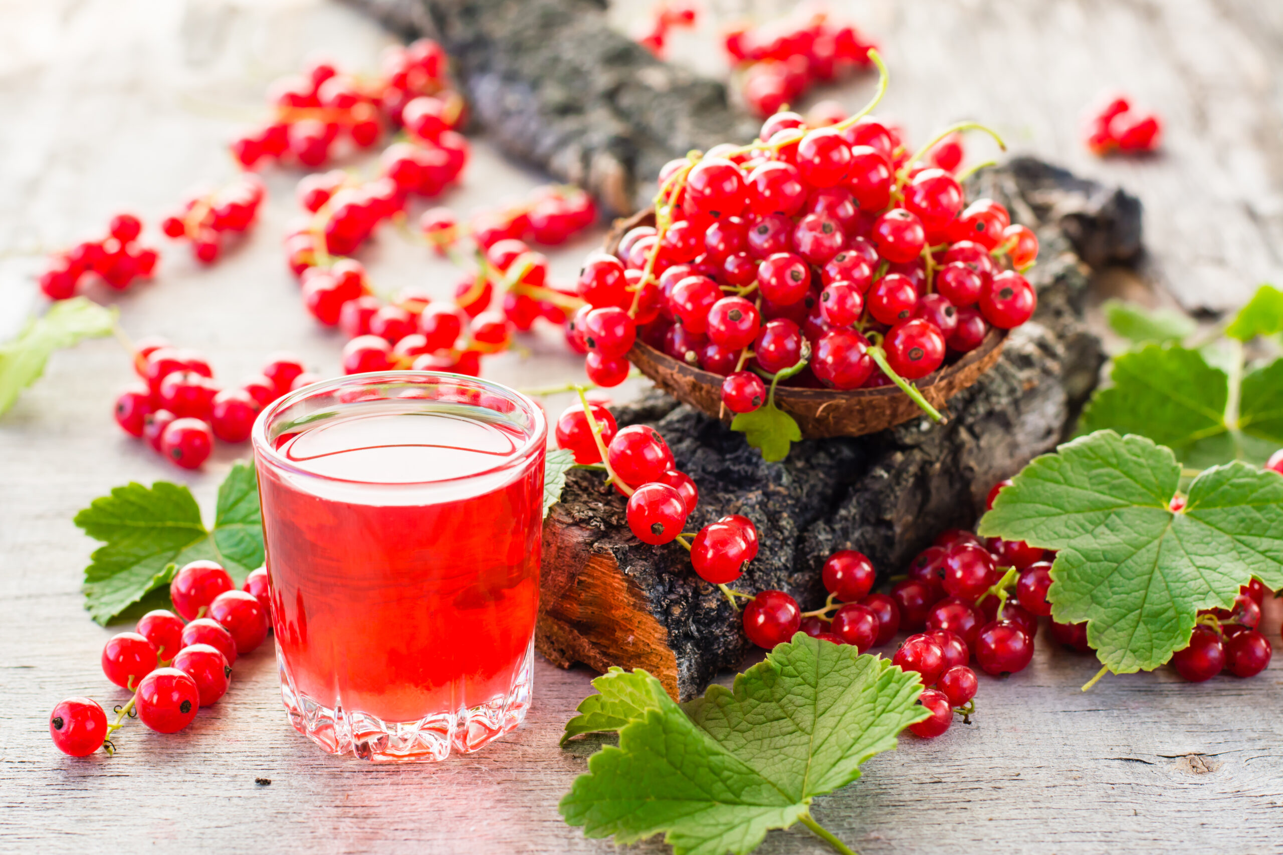 A weathered table showcasing a glass of red currant juice and ripe red currants. 