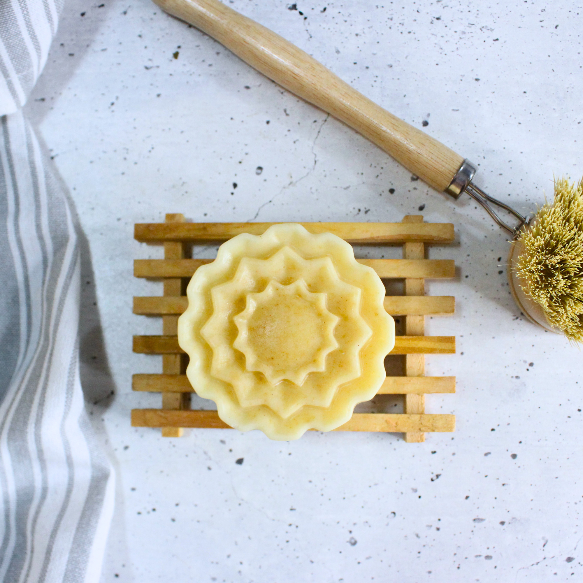 Dish bar soap on a soap holder next to a scrub brush.