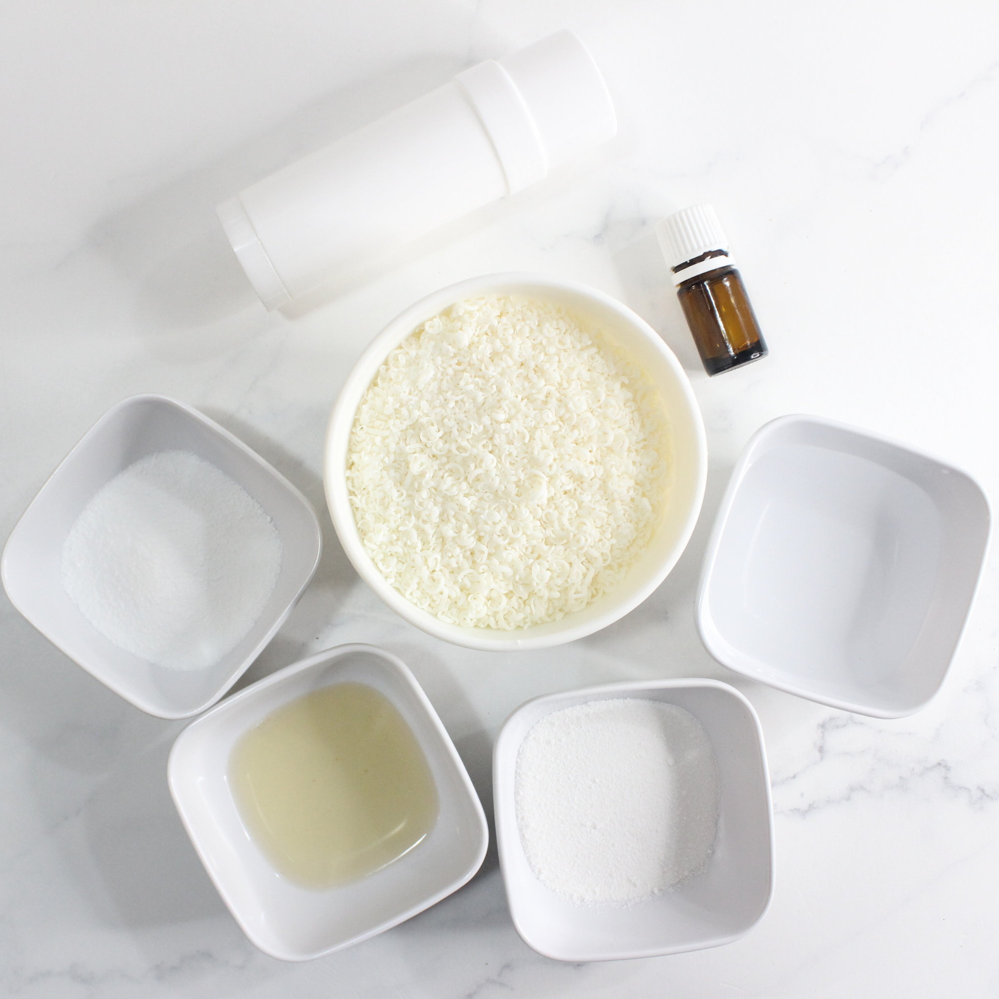 Shredded castle soap, liquid soap, borax and washing soda.