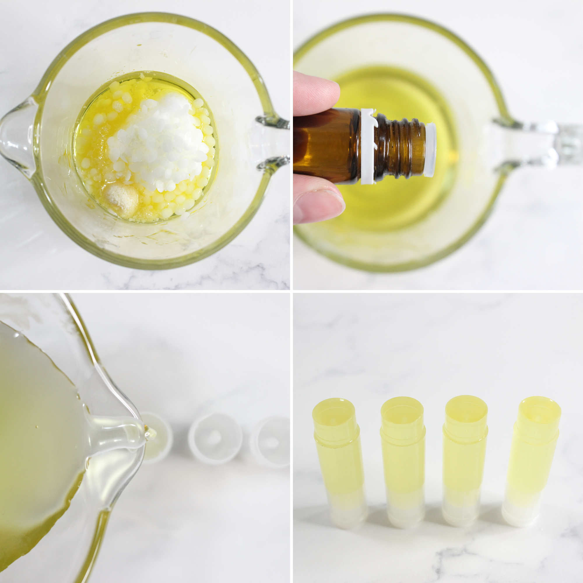 Adding ingredients into a microwave safe bowl and melting the ingredients to pour into the lip balm containers. 