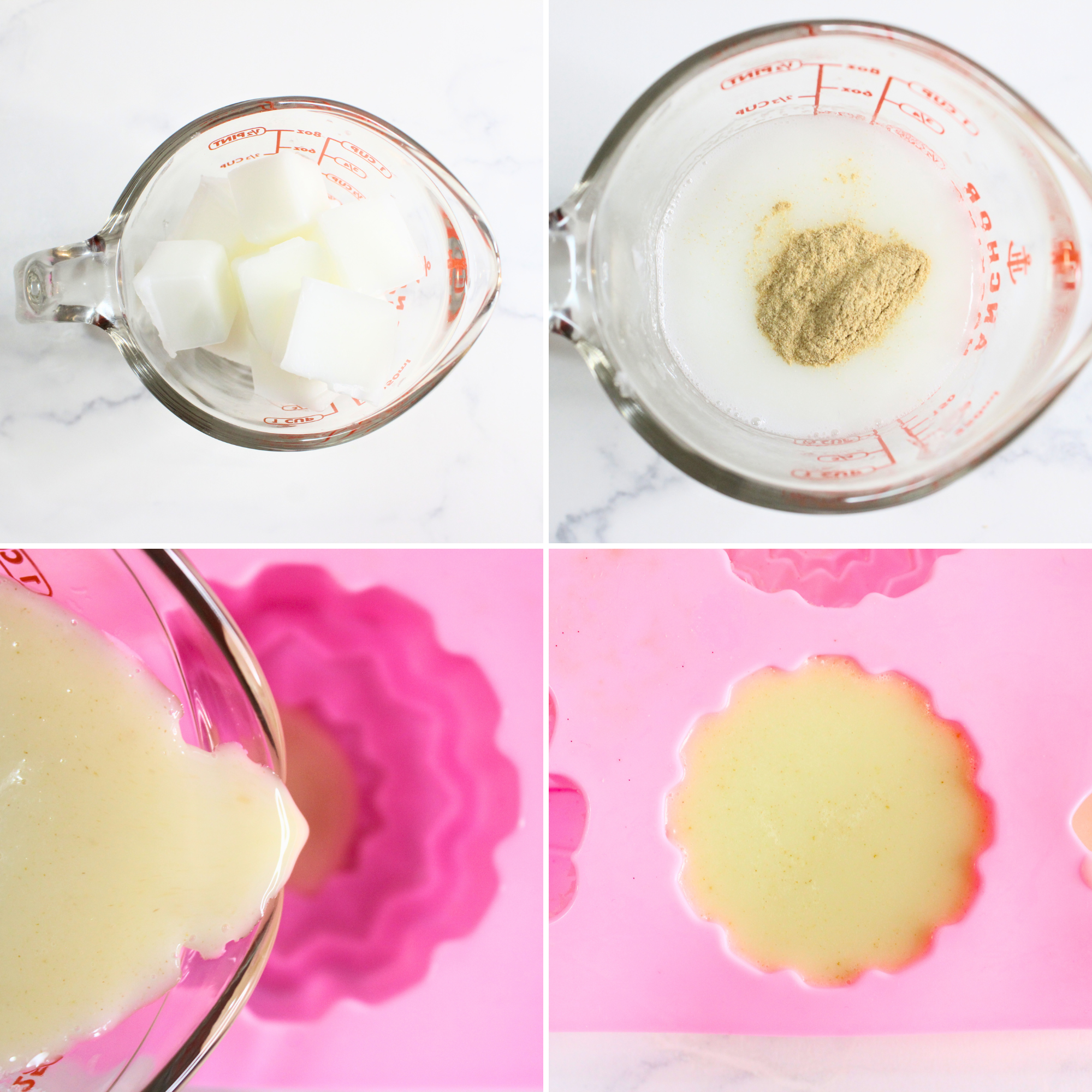 Melting and pour the soap bas into a bowl, mixing in the lime powder and essential oils, and pouring into soap mold.