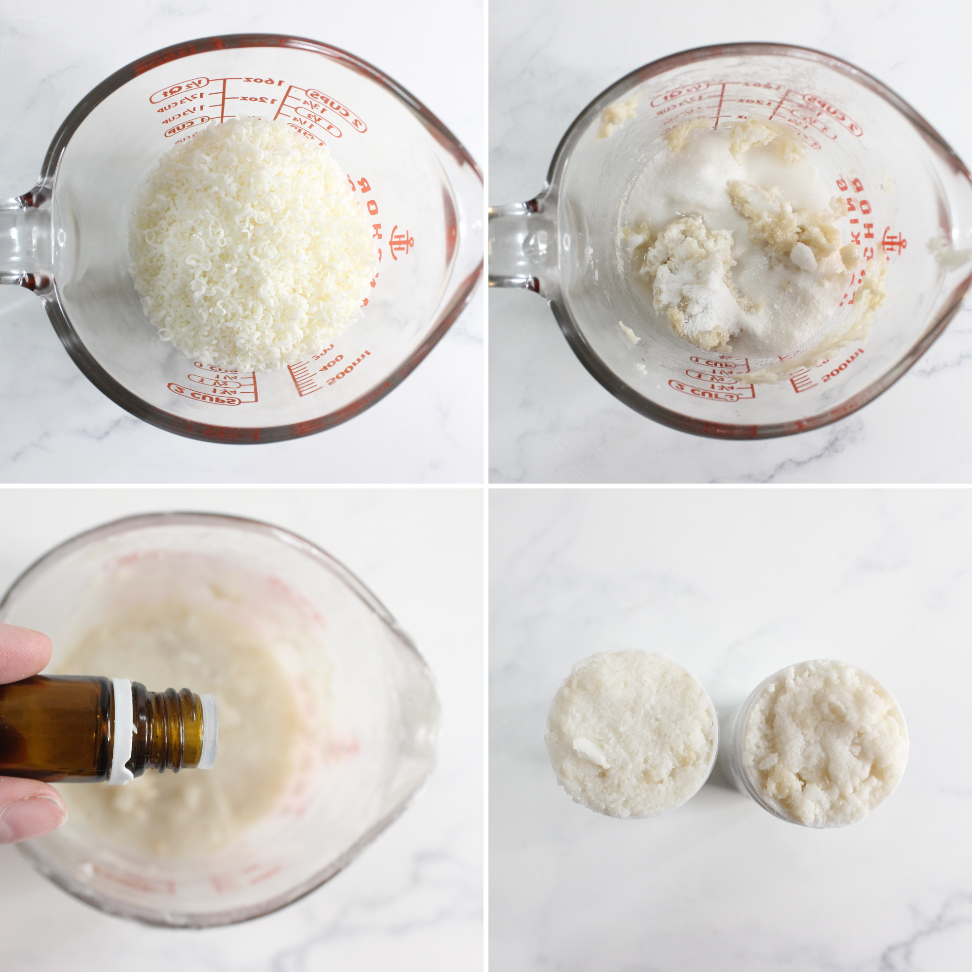 A glass jar with grated soap, topped with borax, washing soda, and essential oils.