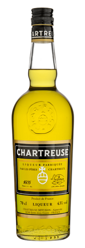 An isolated bottle of Yellow Chartreuse on a white background.