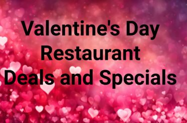 Different-colored hearts all over, with "Valentine's Day Restaurant Deals and Specials" in black text
