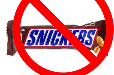 Snickers bar with a big red "cancel" symbol over it