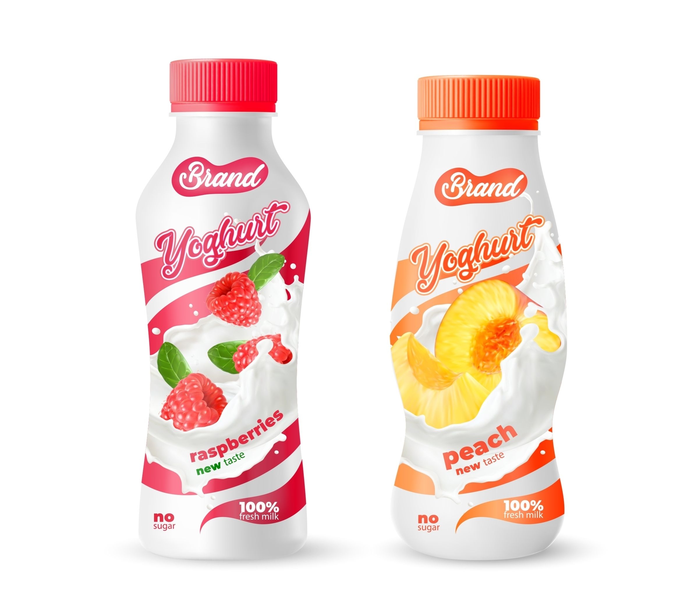 A couple of bottles of yoghurt drinking against a white backdrop. 