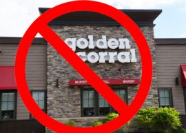 Golden Corral restaurant with a big red "cancel" symbol over it