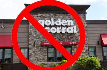 Golden Corral restaurant with a big red "cancel" symbol over it