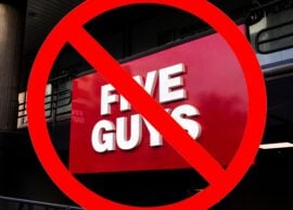 Five Guys sign with a "no" sign over it.