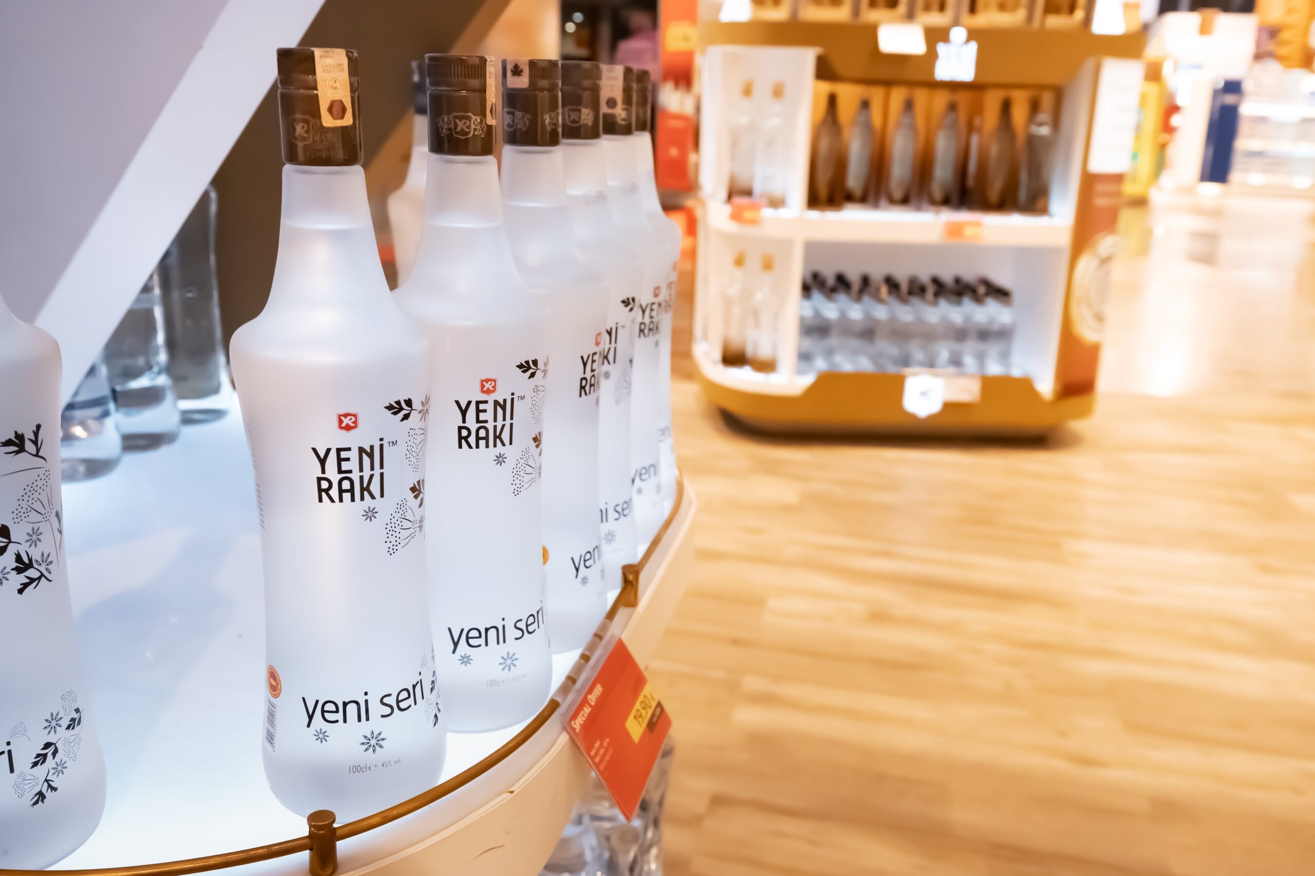 Yeni Raki bottles on sale at a shop. 