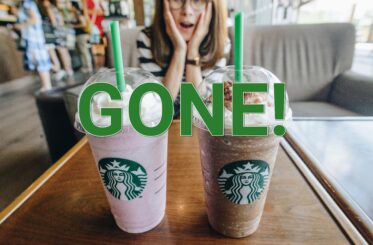 Starbucks cups with a "Gone!" over top and a surprsied woman in the background.