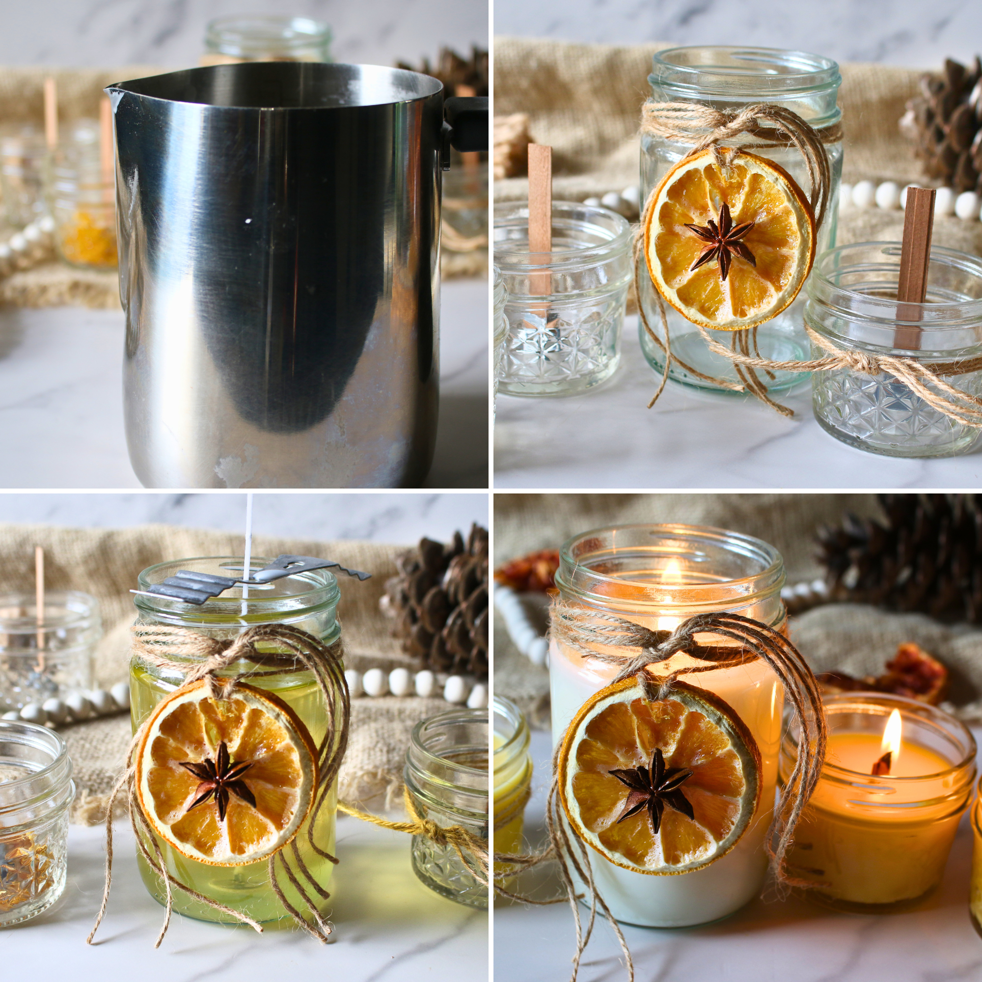 Wax melted in a warming pot and poured into mason jars.