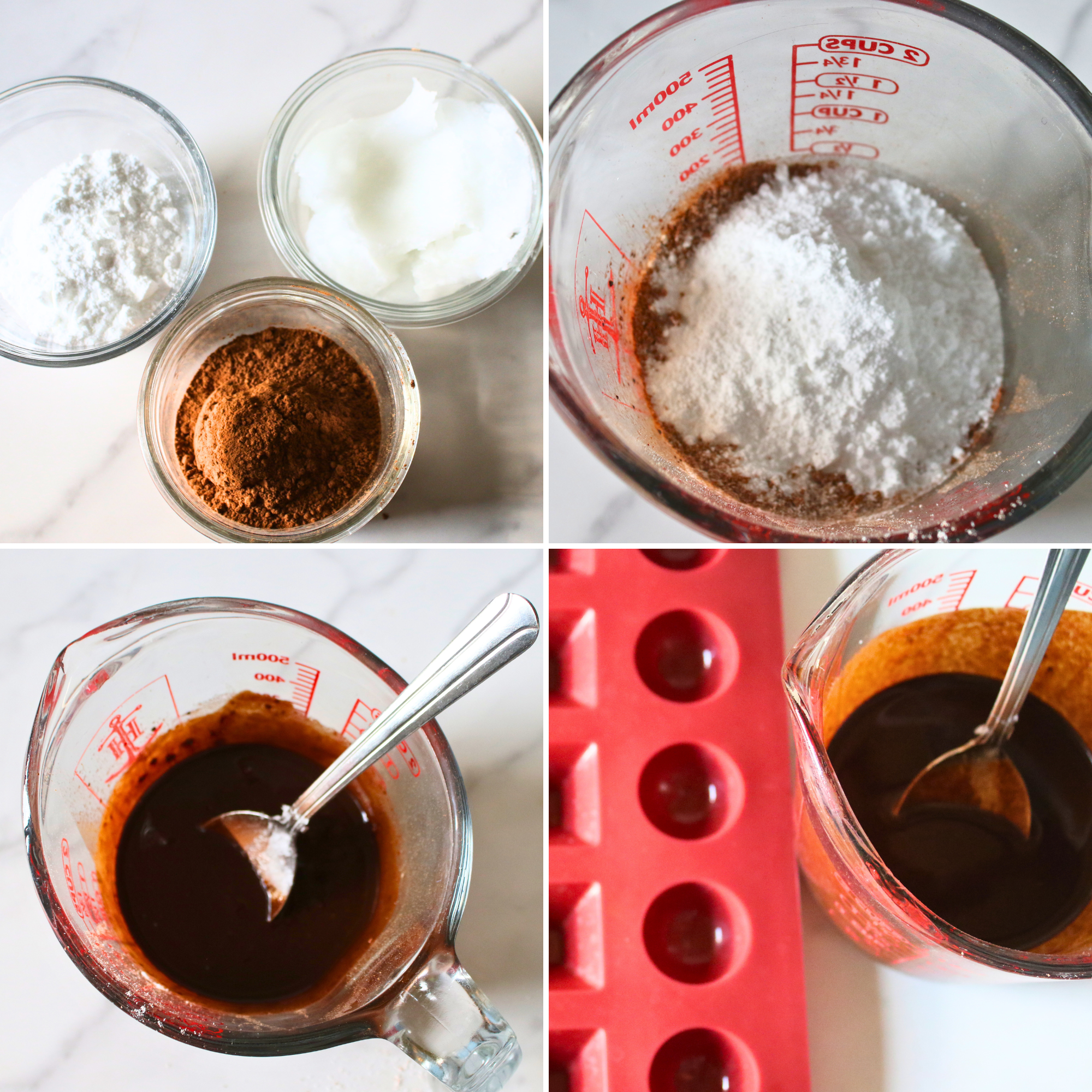 Melted coconut oil, cocoa powder, and sweetener, mixed together and poured into a candy mold.
