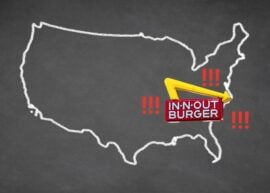 US map with an In-N-Out logo on the Eastern side. And exclamation points.