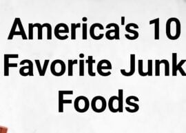 Text reads: "America's 10 Favorite Junk Foods" with donuts, burgers, pizza, hot dogs, and assorted other junk foods surrounding the text