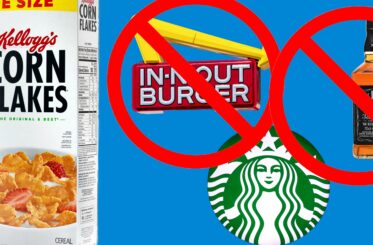 Corn Flakes box, Starbucks logo, In-N-Out sign with a "no" sign over it and a Jack Daniels bottle with a "no" sign over it