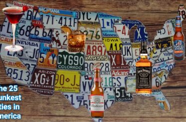 "The 25 Drunkest Cities in America" with a license plate map of the US with various alcohols placed.