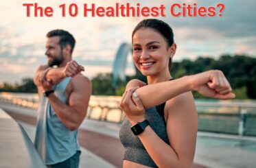"The 10 Healthiest Cities" with a couple stretching.
