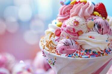Ice cream sundae with pink and white ice cream and tons of sprinkles and toppings