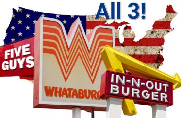 "All 3!" and logos of Whataburger, Five Guys, and In-N-Out on a US map.