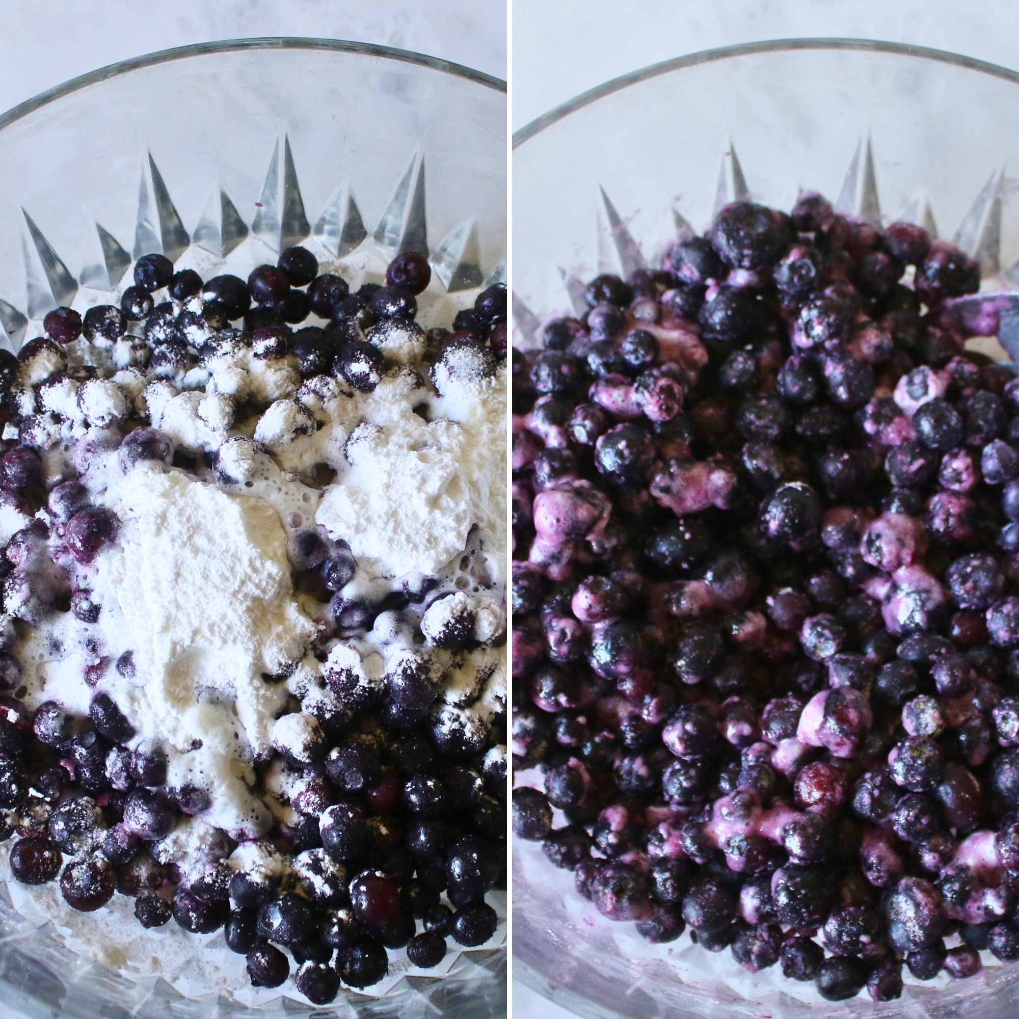 A bowl filled with blueberries and flour.