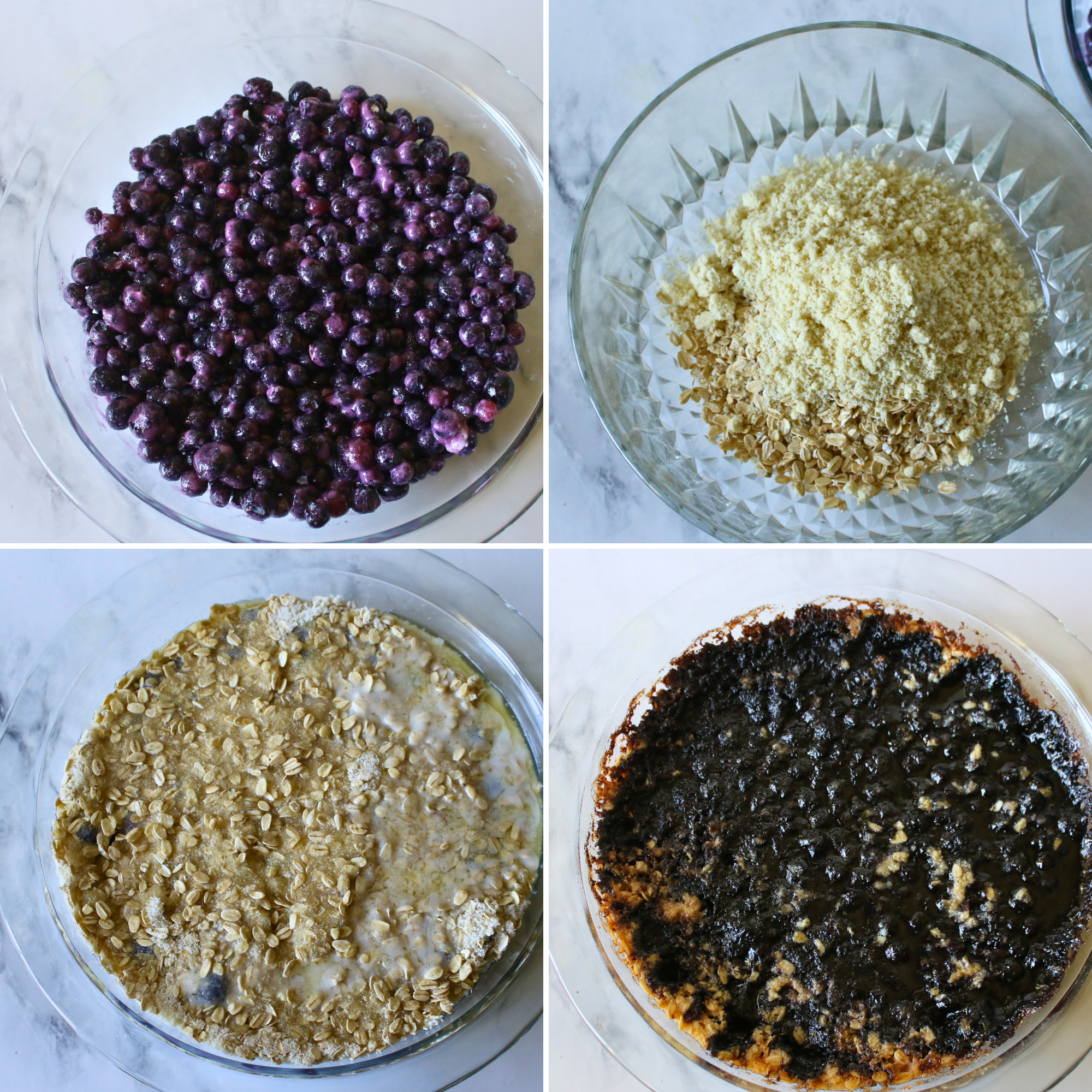 Blueberry crumble in a pan, baked and cooling on a counter.