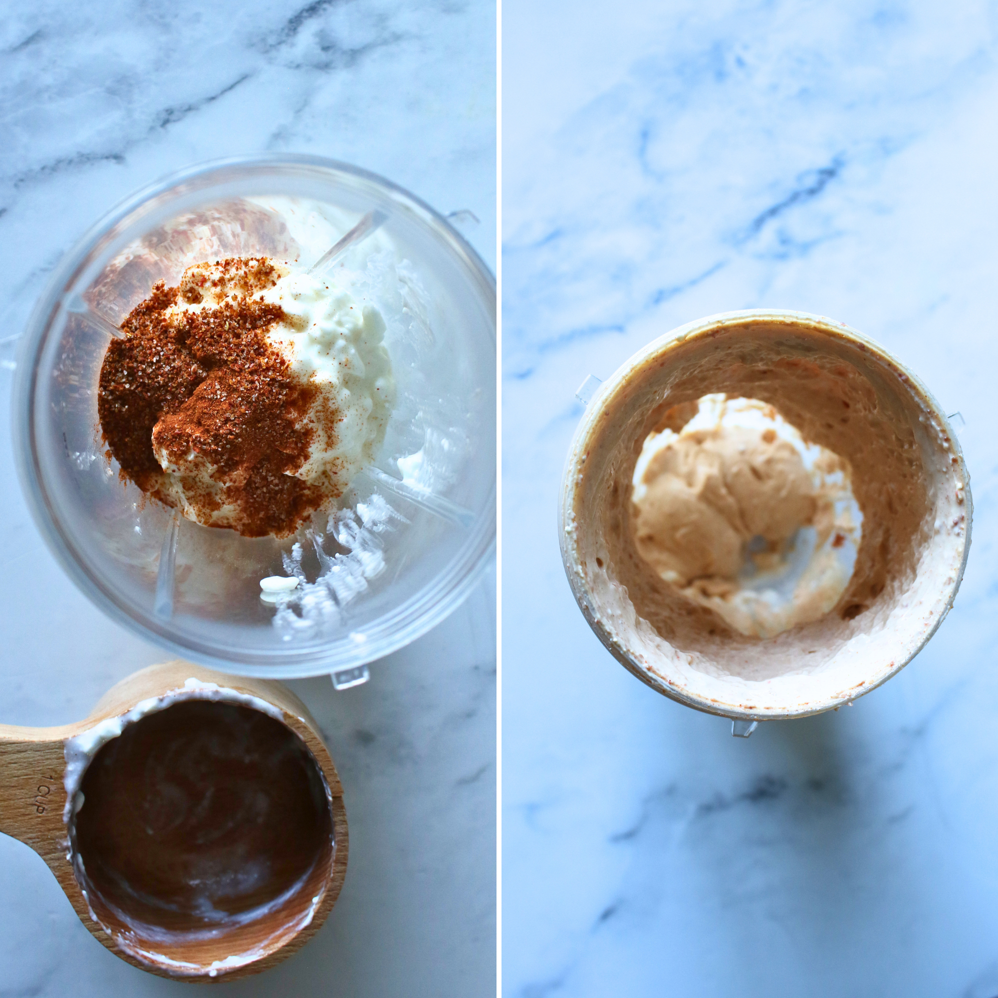 A blender filled with cottage cheese and taco seasoning.