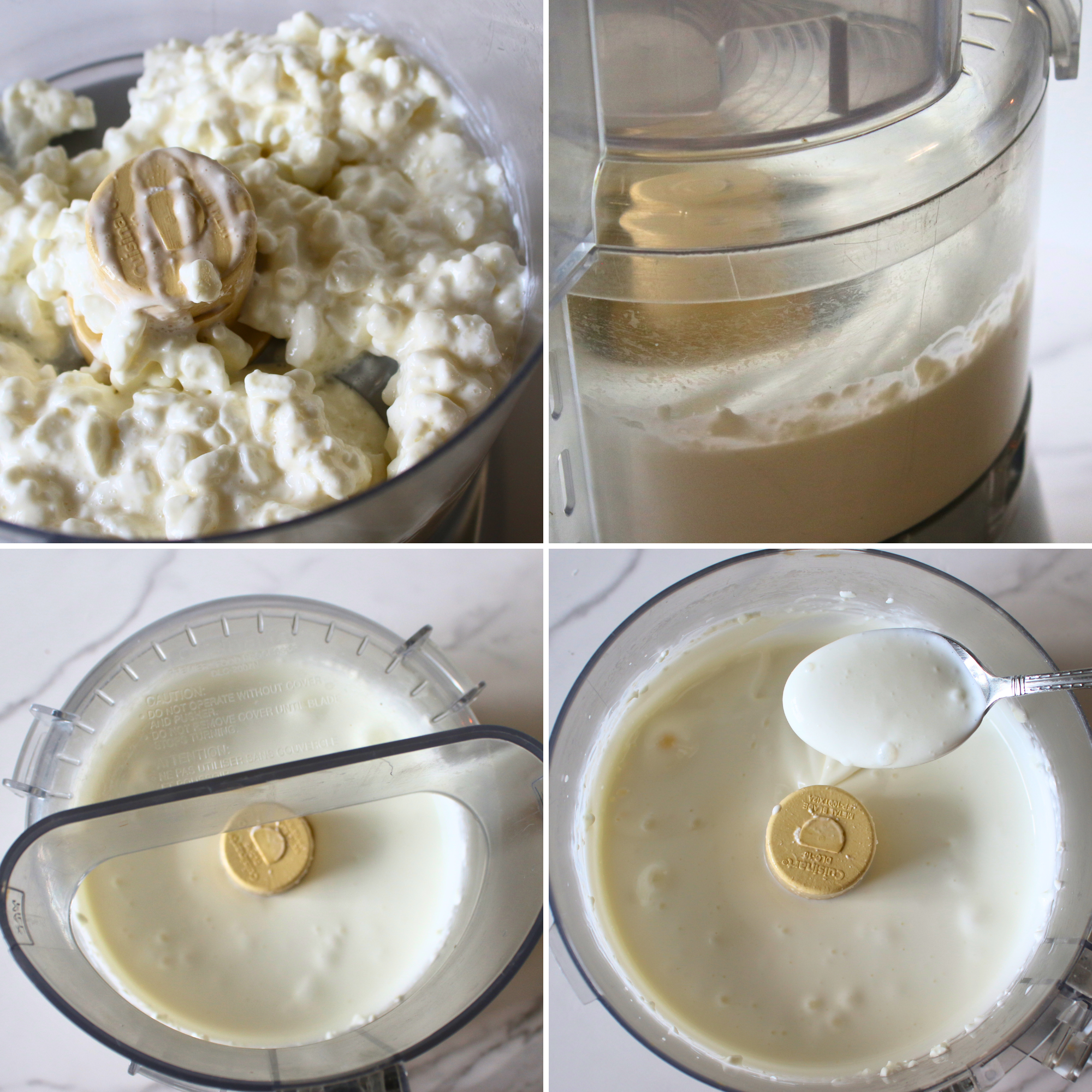 Cottage cheese in a food processor, blended until creamy and smooth.