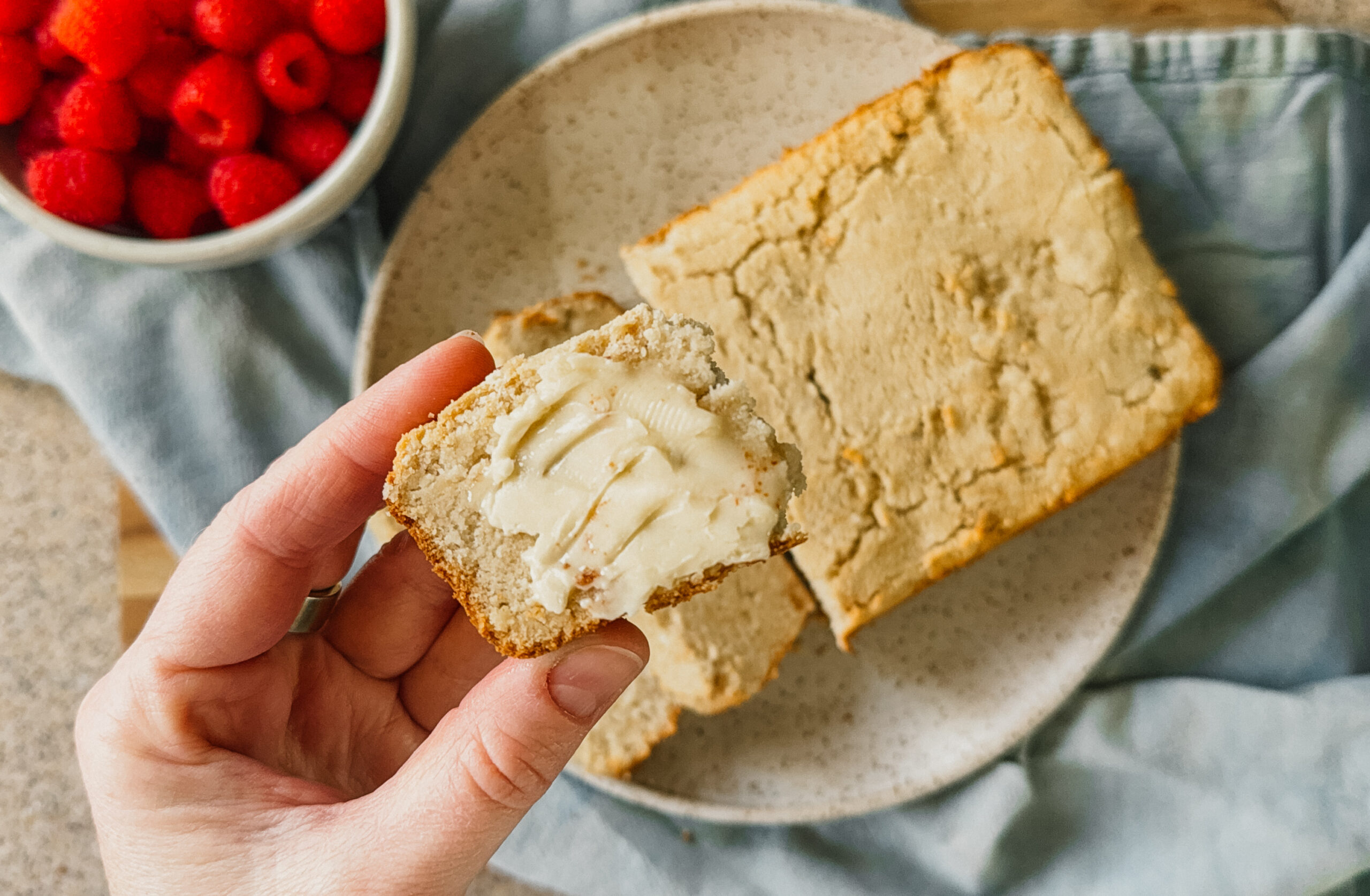 A hand holding a piece of buttered bread above the remaining loaf of bread on a plate. A blue tea towel lays underneath and a bowl of raspberries sits to the left of the bread.